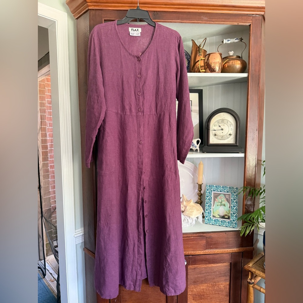 Flax 100% Linen Button Long Dress Size Small - Mullberry/Dark Plum color